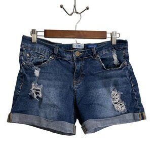 YMI Women Juniors Blue Dark Wash Denim Distressed Cuffed Jean Shorts Size 7